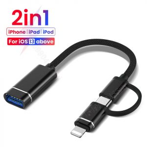 2 in 1 USB 3.0 to 8-Pin/Type C OTG Adapter Cable For iPhone 13 12 11 Pro Max iPad for iOS 13 above for Mouse Camera Card Reader