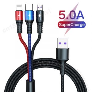 Super Charge 3 in 1 USB Cable for Huawei for iPhone 13 12 11 Pro 3in1 2in1 Fast Charge 8 Pin Micro USB Type C Cable for Samsung