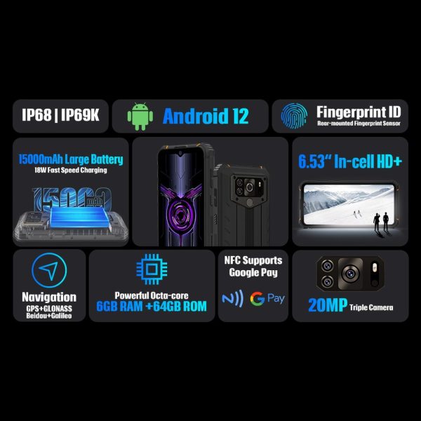 6.53 Inch W10 Pro Rugged Smartphone Android 12 Octa-Core NFC Cellphone 15000mAh Large Battery 20MP 6GB 64GB Moblie Phone - Image 2